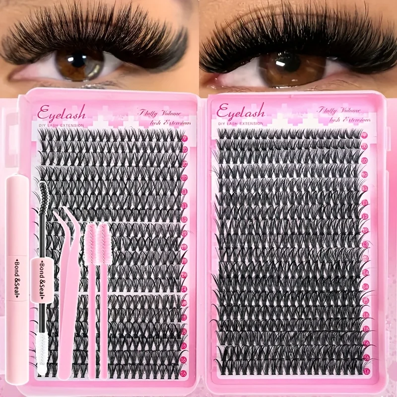 Kit de extensión de pestañas postizas DIY 30D40D80D grupos de pestañas individuales con unión y sello, pinzas y cepillo para principiantes DIY