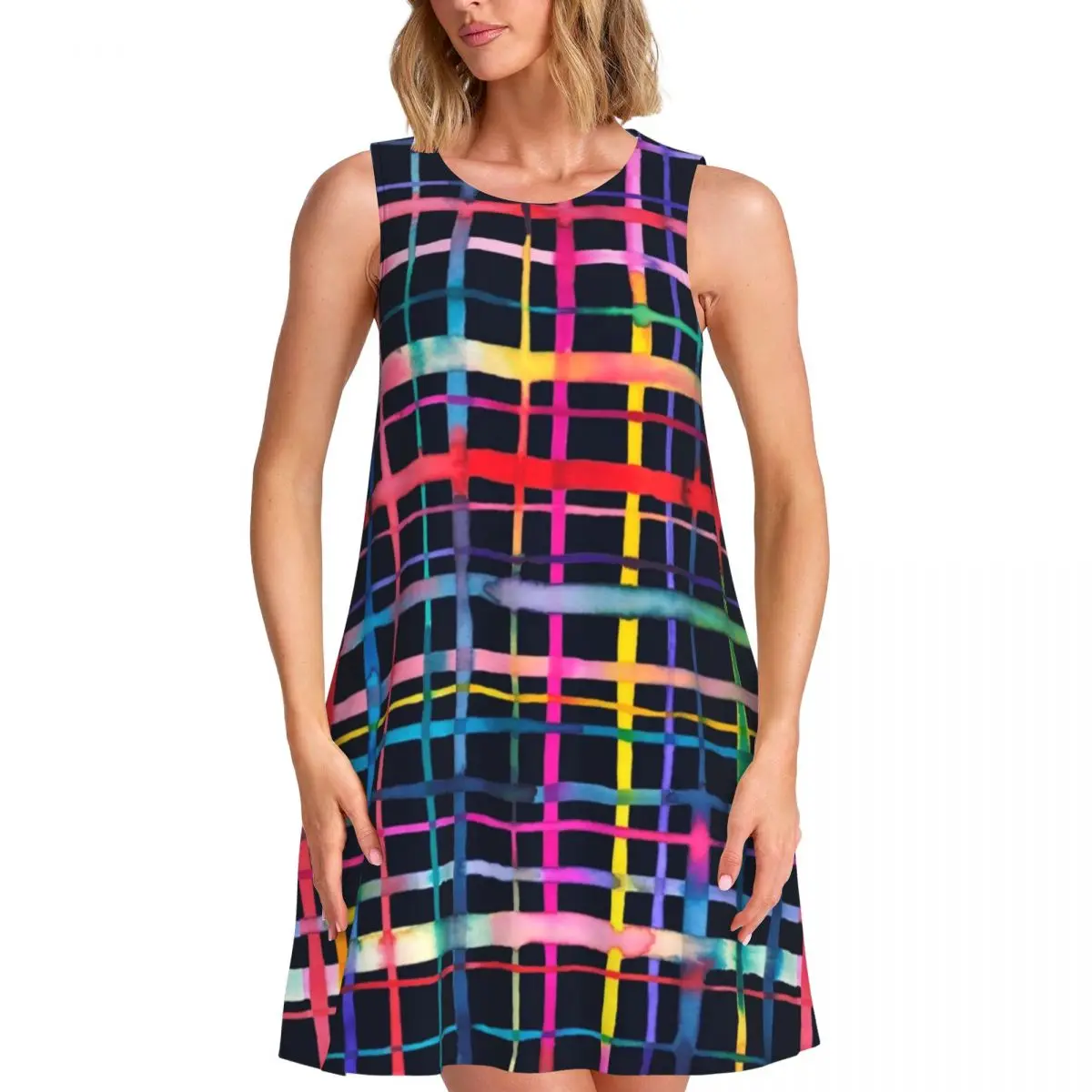 Abstract Geometry Tank Dress Multicolor Checkered Night Club Dresses Female Summer Streetwear Pattern Oversize Tank Dress