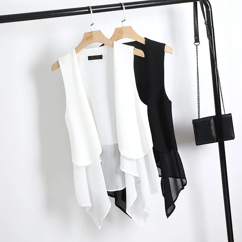 

Women's Chiffon Vest Lightweight Fashion Summer Jacket Short Top Sleeveless Cardigan Black White Waistcoat Vests