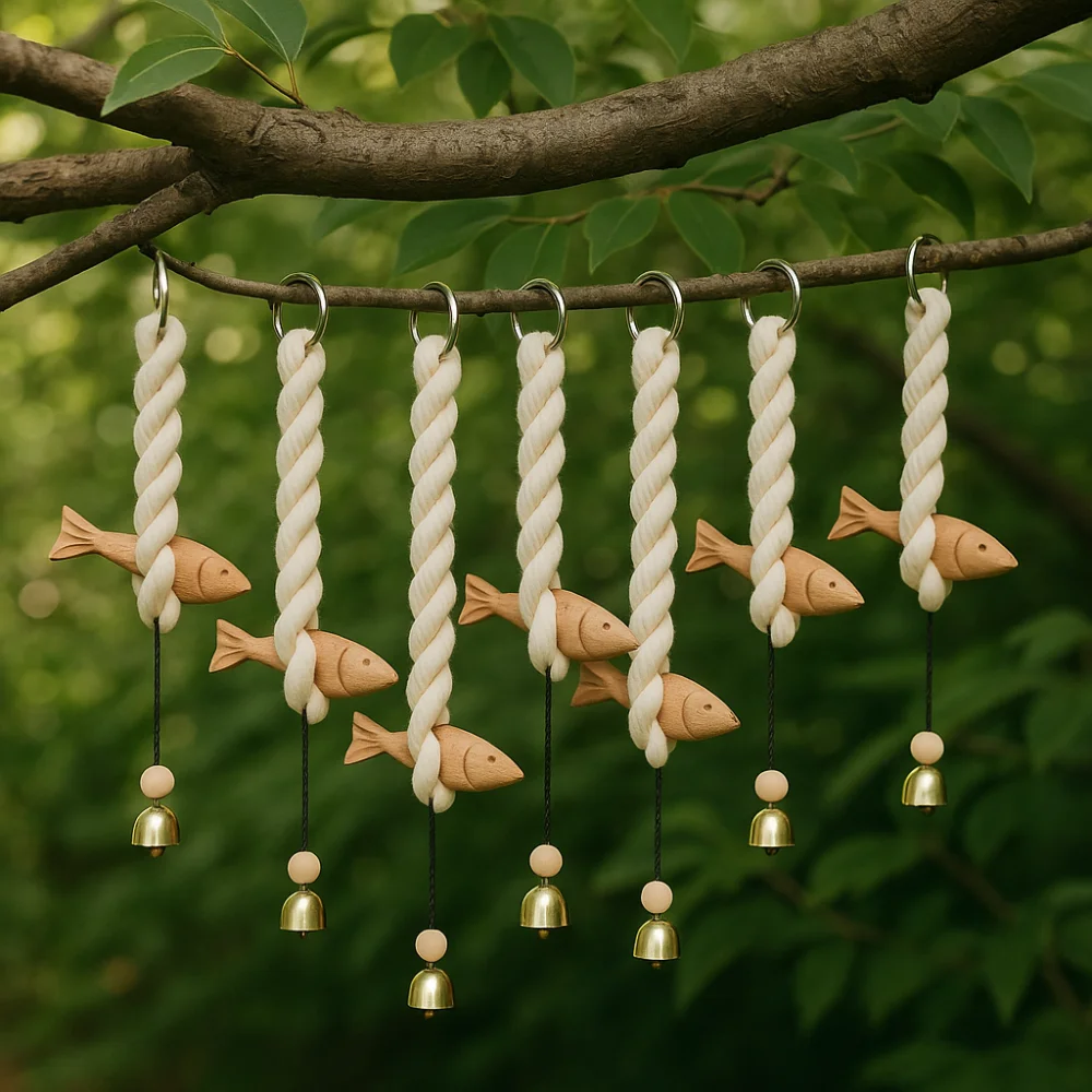 

Marine Beach Themed Wood Fish Sculpture Hand Carved with Bell Fish Wall Hanging Decor Handcrafted Rustic Fish Door Chimes