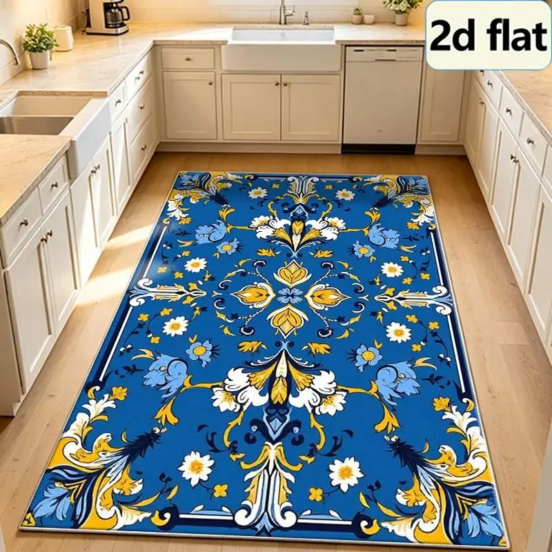 Blue Yellow Baroque Floral Carpet Flooring Square Symmetric Pattern Area Rug Dining Room Decor