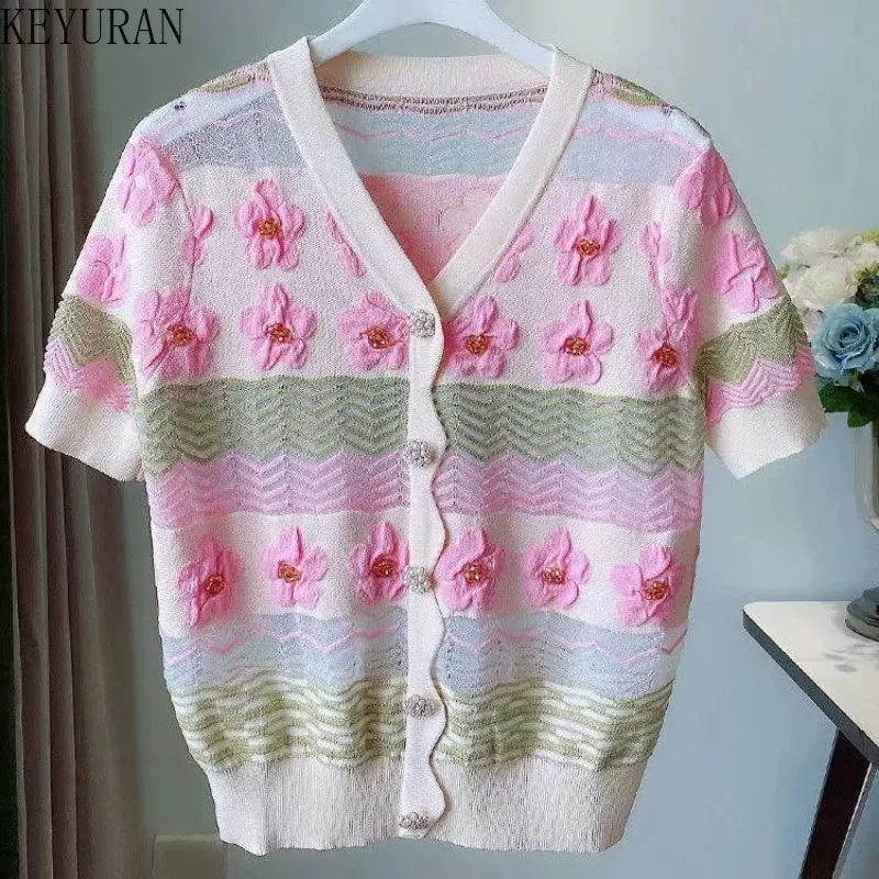 2024 Summer New Flower Jacquard Beading Short Sleeve Sweater Women V-neck Hollow Out Single Breasted Knitted Cardigan Crop Tops