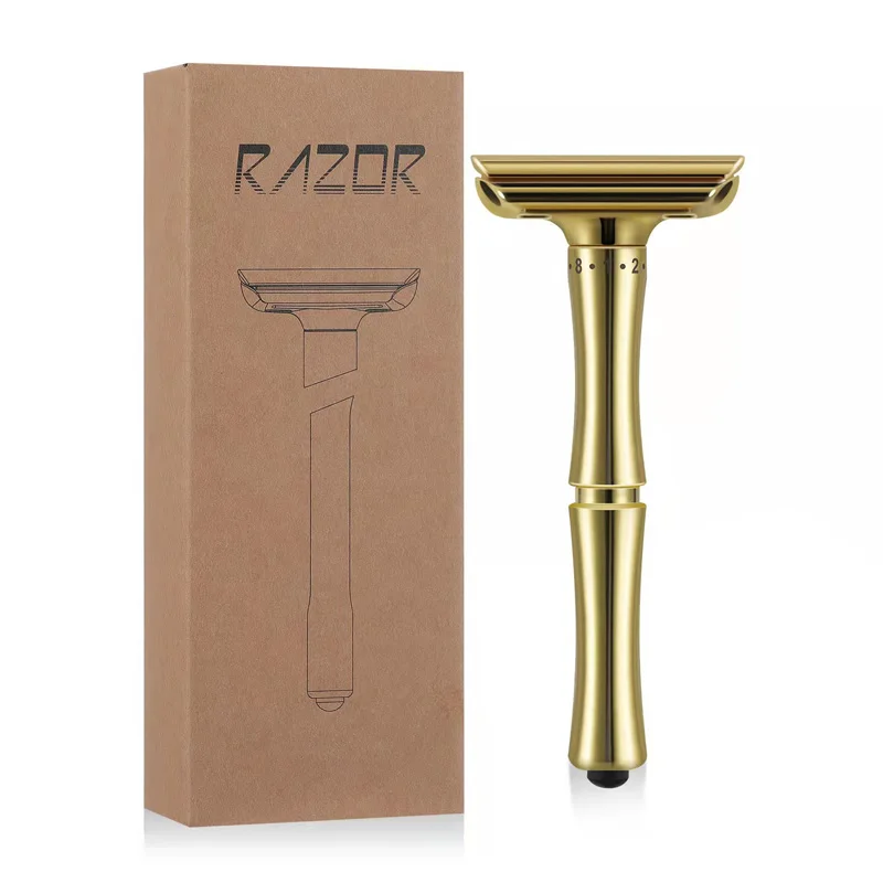 Golden Adjustable Double Edge Classic Safety Razor  Press to Open Blade Replacing System （1 Razor & 10 Blades）