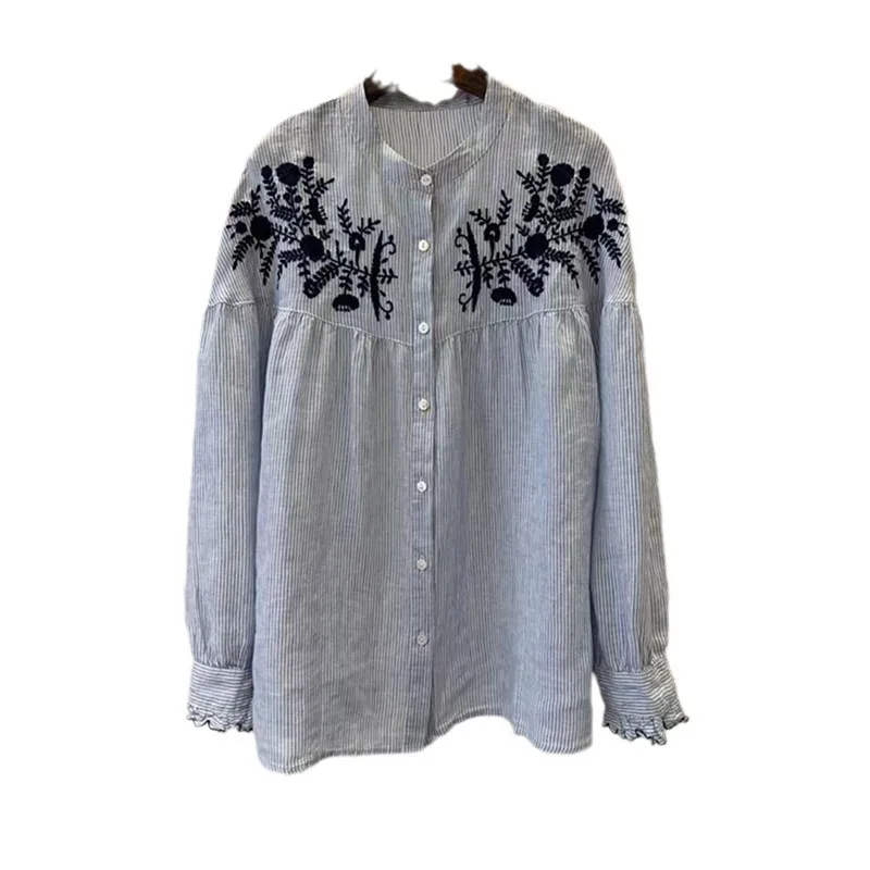 Embroidered Linen Striped Shirt Women\'s Spring Baggy Long-sleeved Top