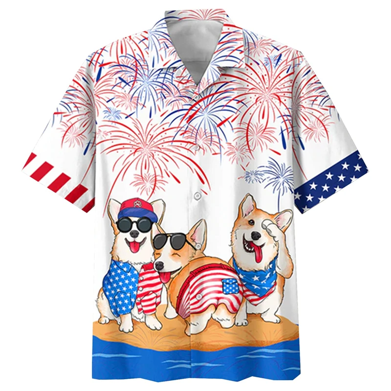 Cute Cartoon Corgi Firework Patriotic Element Pattern Unisex Short Sleeve Blouse Camp Collar Loose Vacation Shirt