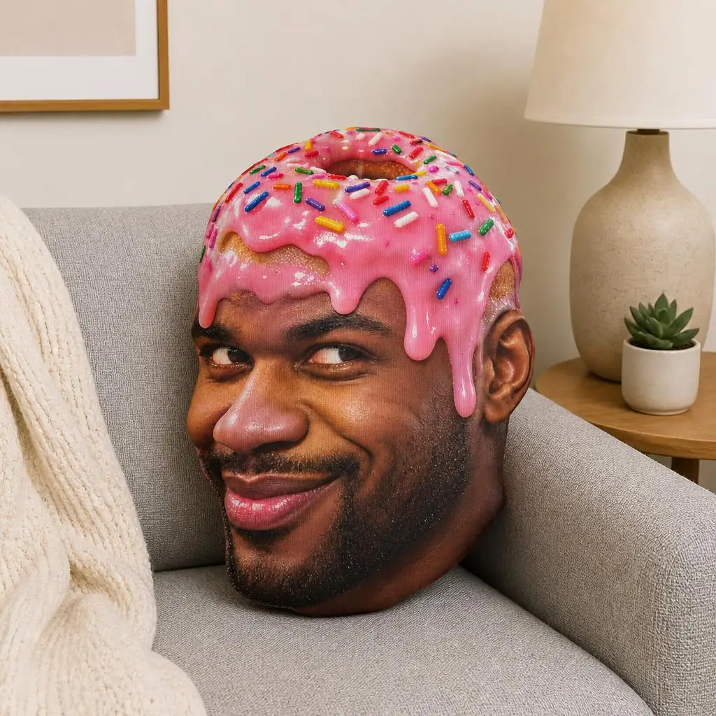 Pink Frosted Donut Head Shaped Pillow Funny Face Cushion Irregular Stuffed Throw Pillow for Sofa Home Decor Novelty Gift