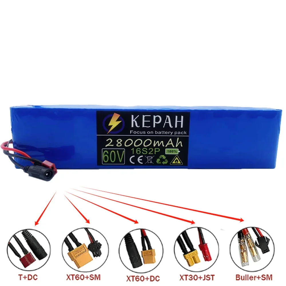 MKEPA 60V 16S2P 28000mah 18650 Lithium Ion Battery Pack 67.2V for Electric Bike Scooter Scooter Kids Car Built In 1000 Watt Bms