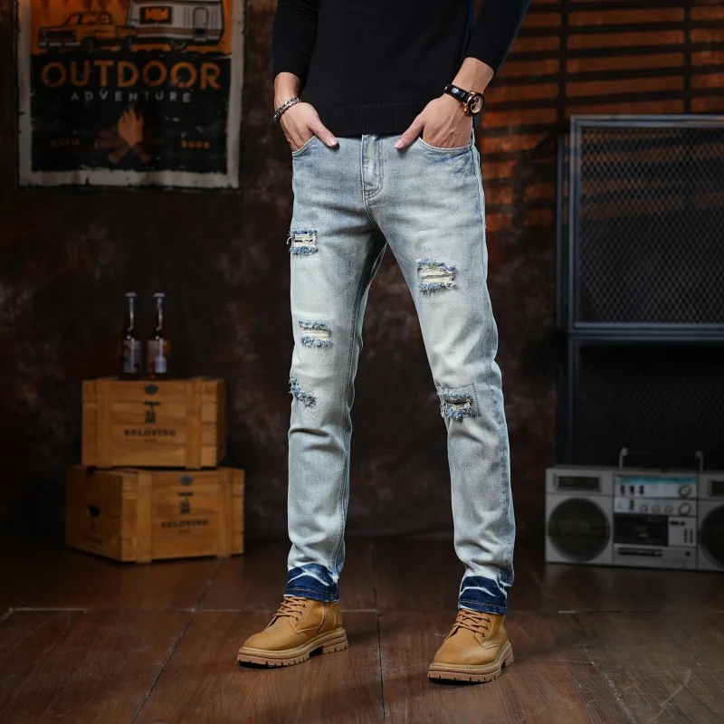Trendy Men's Slim Fit Jeans New Breathable Cotton Blend Ripped Skinny Pants Streetwear Urban Fashion Casual Slim Denim Trousers