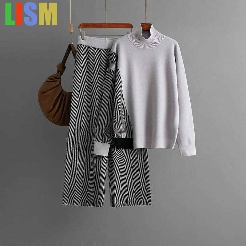 

LISM Pants sets Loose Knitted 2 Piece Sets Women Casual Long Sleeve Sweater Pullover Conjuntos High Waist Straight Pants Outfit