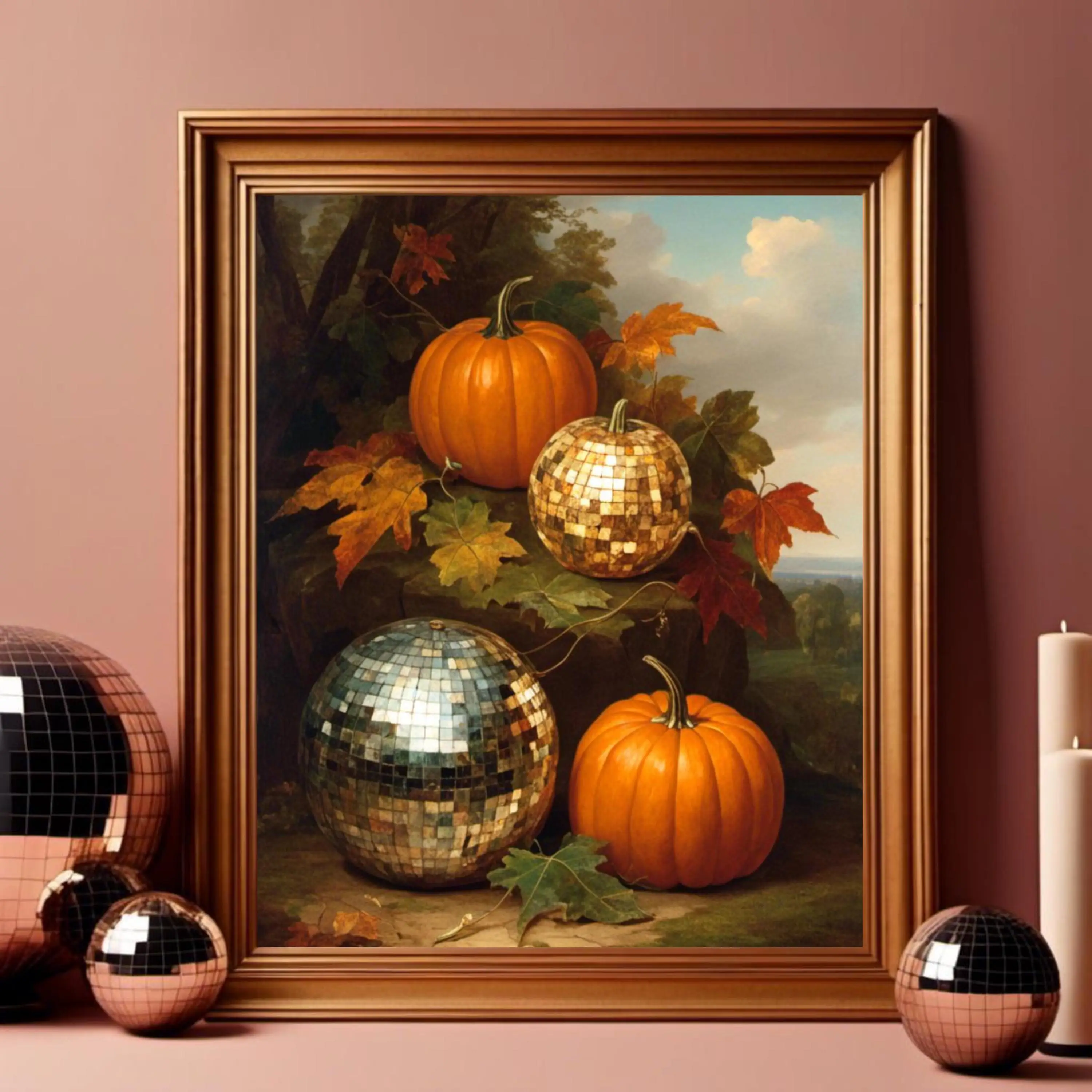 Affiche vintage avec motifs de citrouilles, ambiance automnale, citrouilles florales mignonnes, art d'Halloween rose, décoration féminine pour appartement, décoration d'automne pour la maison, cadeau
