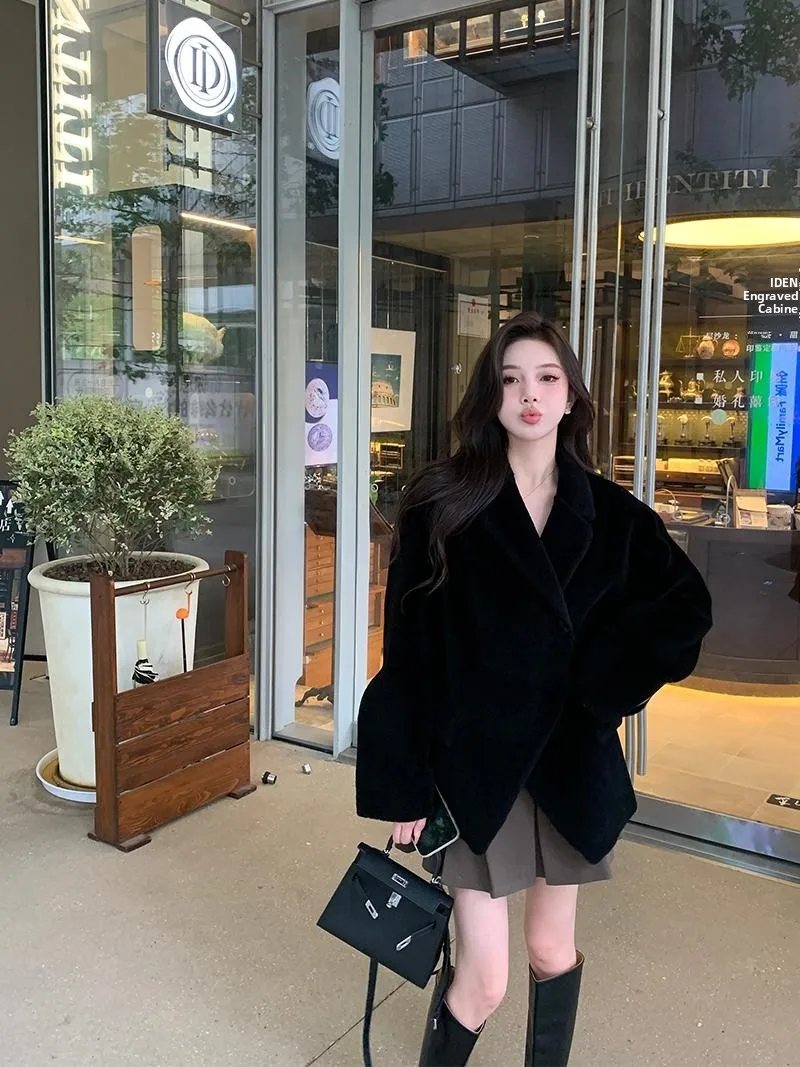 Pelliccia di agnello ebano tono freddo Jaet Cappotto invernale da donna in pelle integrata Thiened Cappotto in pelle eepskin Coreano Sle Pendolarismo Vento