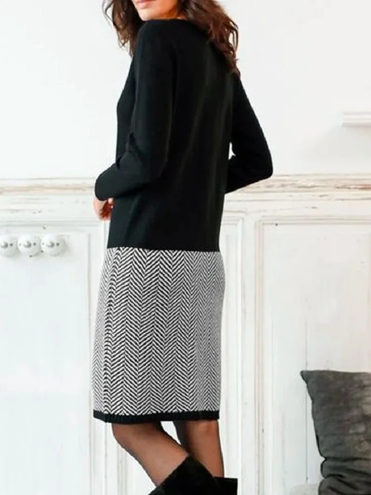 Women\'s Long Sleeve Solid Splicing Houndstooth Slim Bottoming Dress