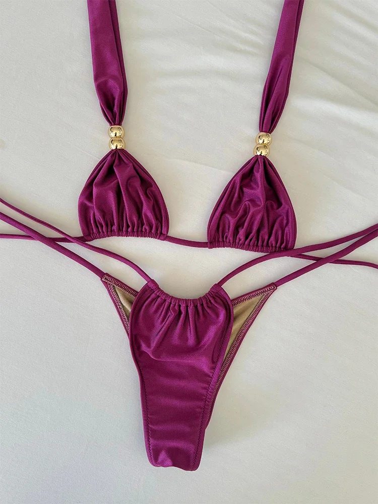 

2026 Sexy Low Waisted Micro Bikini Sets Swimwear Women Swimsuit Solid Brazilian Strappy Halter Beachwear Bathing Suit biquini