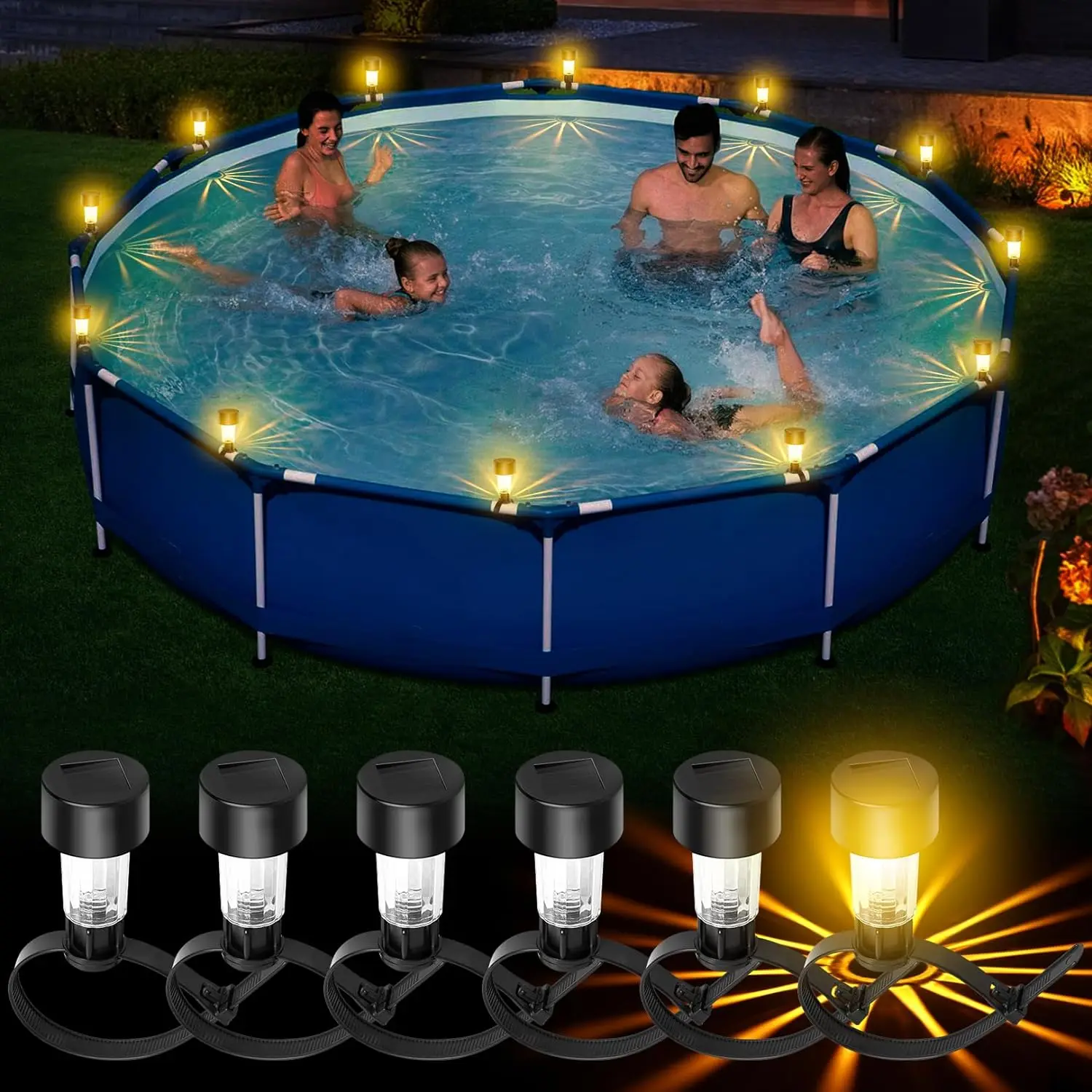 6 Pack Solar Pool Lights - Waterproof LED Lights for  Pool Decoration,Outdoor Swimming Pool Accessories with Warm White Lights