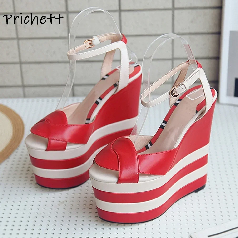 

Stripe White Red Wedges Sandals Platform Ankle Band Peep Toe Thick Soled Summer Runway Shoes Sexy Women's High Heels Shoes