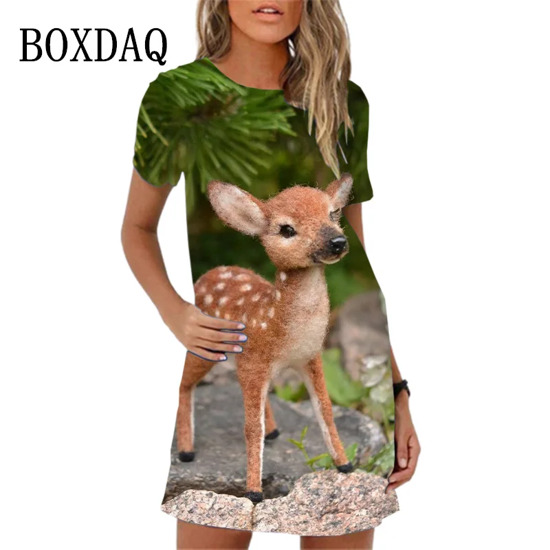 Cartoon Deer Print Women Dress Plus Size Short Sleeve O-Neck Loose Mini Dress Summer 2024 New Women Sundress