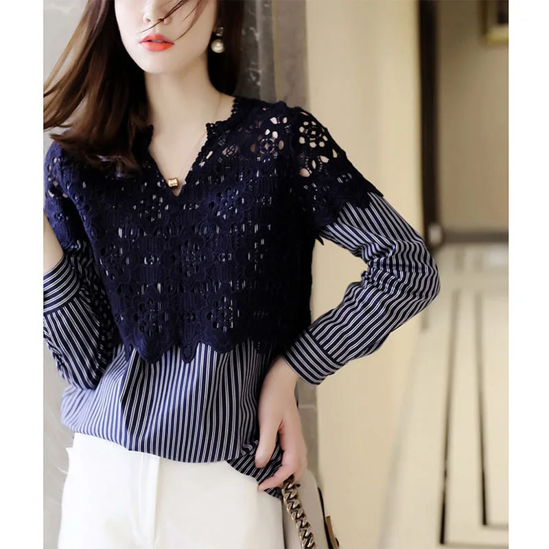 

Heavy Embroidery Lace Patchwork Striped Chiffon irt Casual Loose Women's Faionable Autumn Top V-Ne Long Sve Blouse