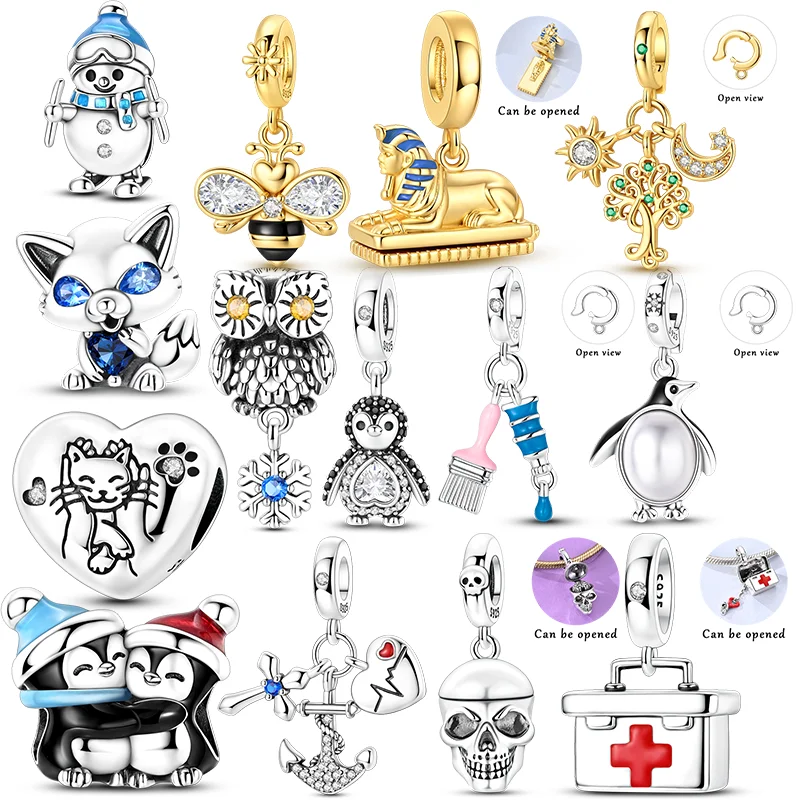 925 Sterling Silver Charms Bead CZ Zircon Snowflake Owl Snowman Penguin Pendants DIY Jewelry Woman Gift
