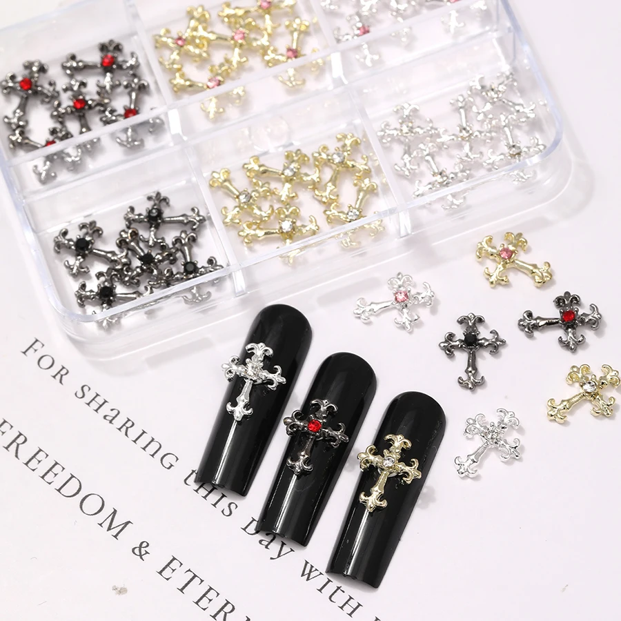 SANANIE 6Grids Gothic Y2K Pink Red Crystal Embedded Nail Art Charms 3D Retro Alloy Cross DIY Halloween Jewelry Nails Accessories