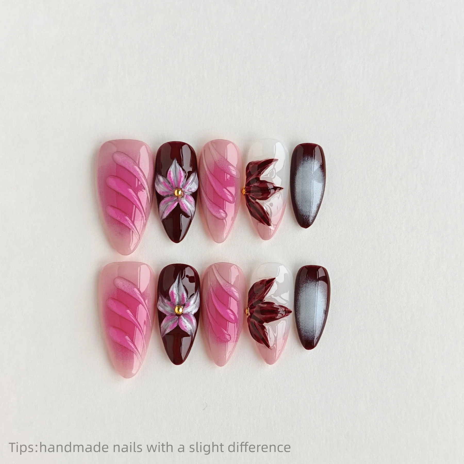 

10 шт., розовые, фиолетовые гелевые цветы ручной работы, миндалевидные длинные носимые многоразовые корейские милые накладные ногти 2026