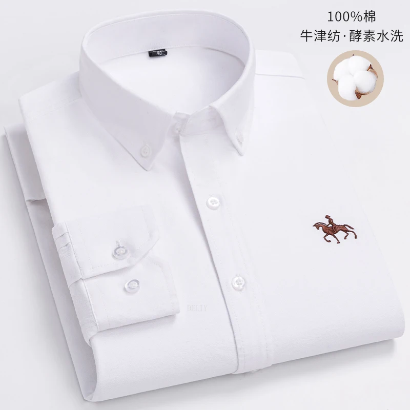2023 100% Cotton Oxford Man Leisure Embroidered Horse Shirts Streetwear Oversized Men Shirt Floral Long Sleeve Casual Plus Size