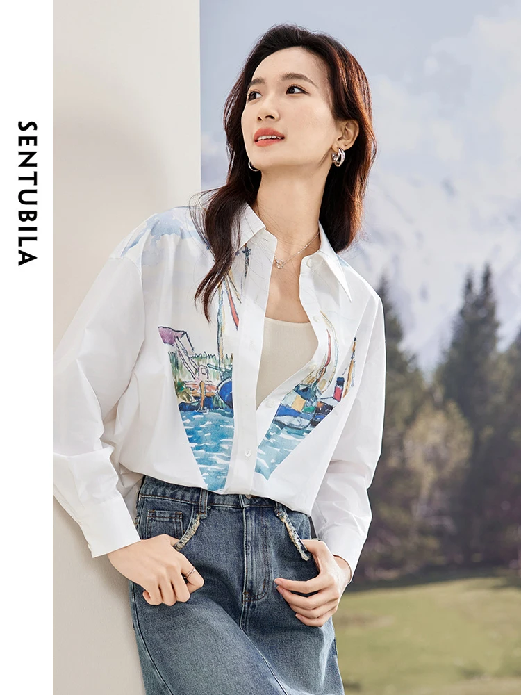 SENTUBILA Cotton 100% Lapel Button Up White Shirt 2024 Spring Abstract Printed Loose Long Sleeve Shirts & Blouses Tops 141C52374