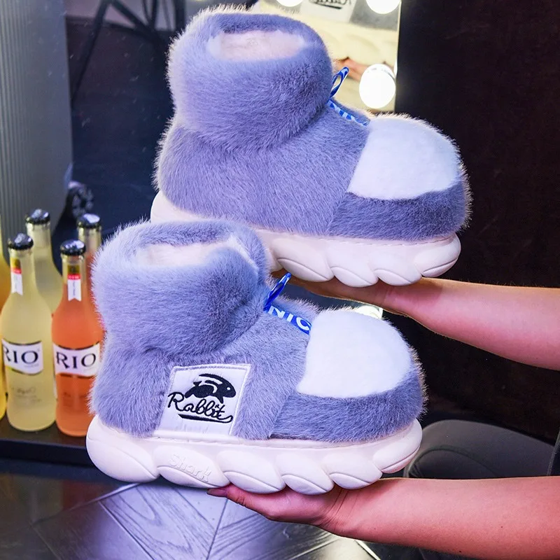 Women Winter Warm Shoes Rabbit Plush Lining Indoor Cotton Slippers Couple Platform High Top Snow Boots Female Male Home Slipper