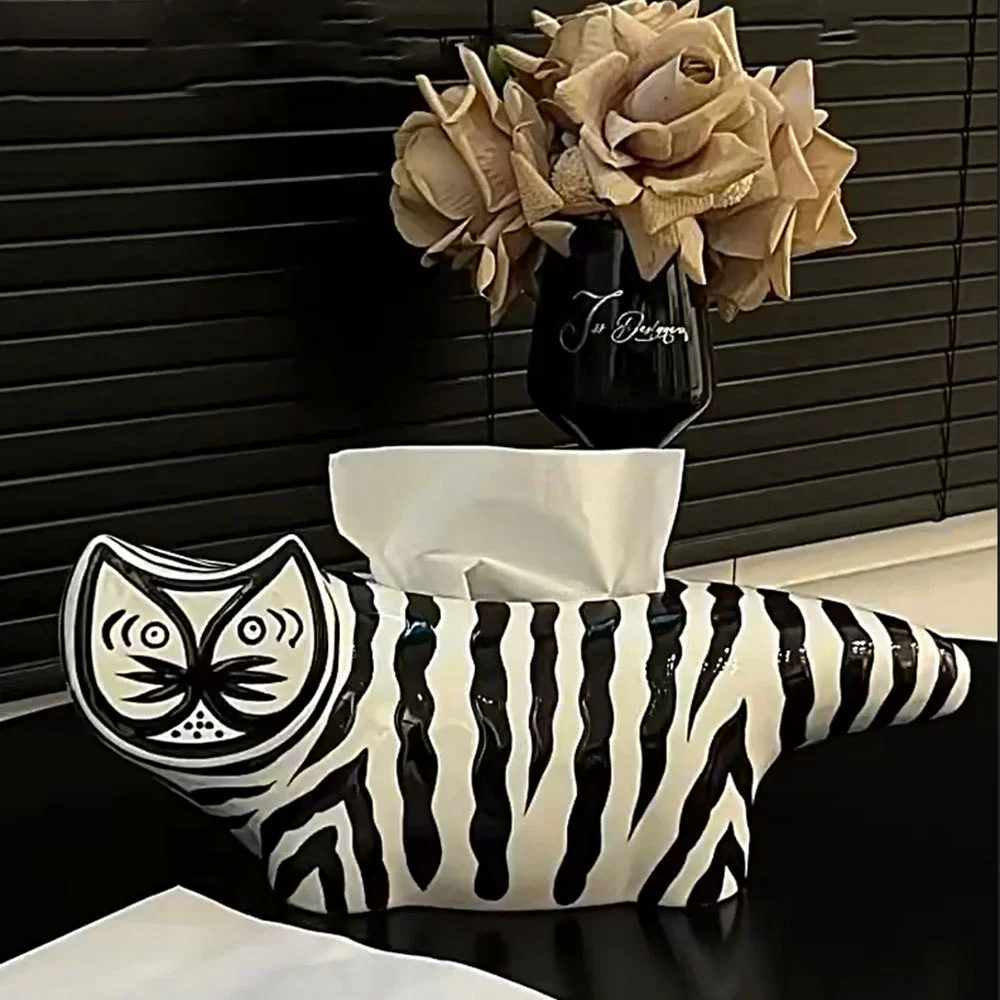 Long-tailed cat Striped Tissue Box High-end Feel Housewarming New Home Ins-style Living Room Coffee Table Tabletop Decoration