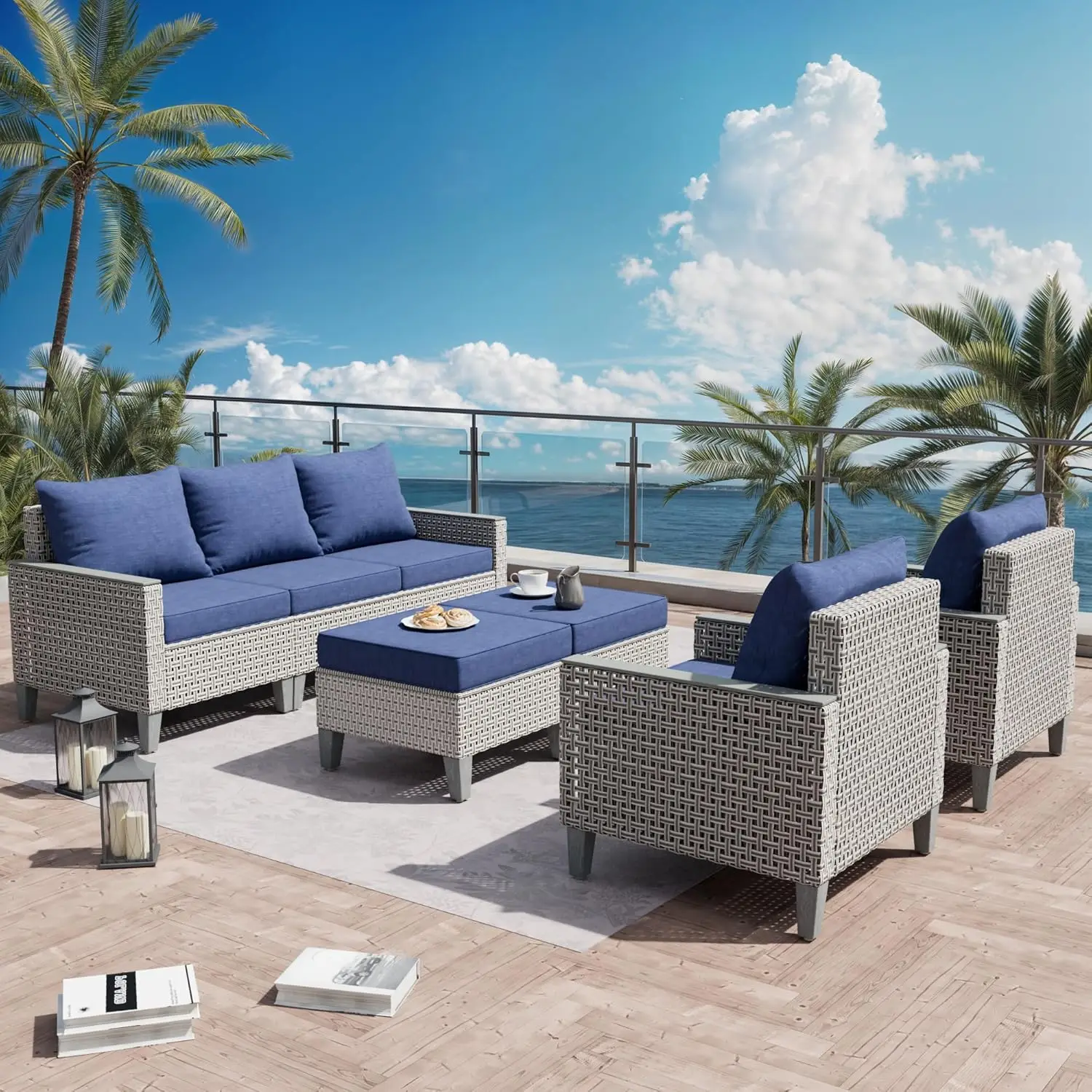 *u-7 Pieces Patio Furniture Set With Ottomans, Modern Outdoor Sectional Sofa With Comfy Cushions, Modular Wicker, Customized