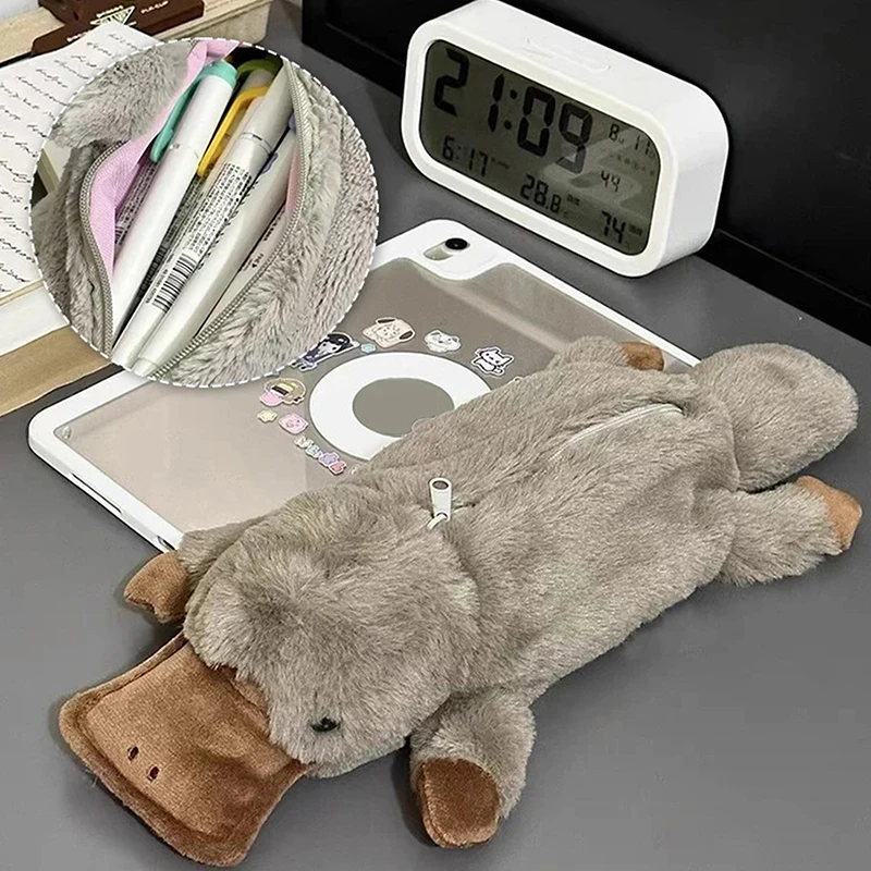 1PC Cute Platypus Pencil Case Cosmetic Bag Plush Pen Pouch Large Capacity Storage Bag School Supplies Students Stationery Box