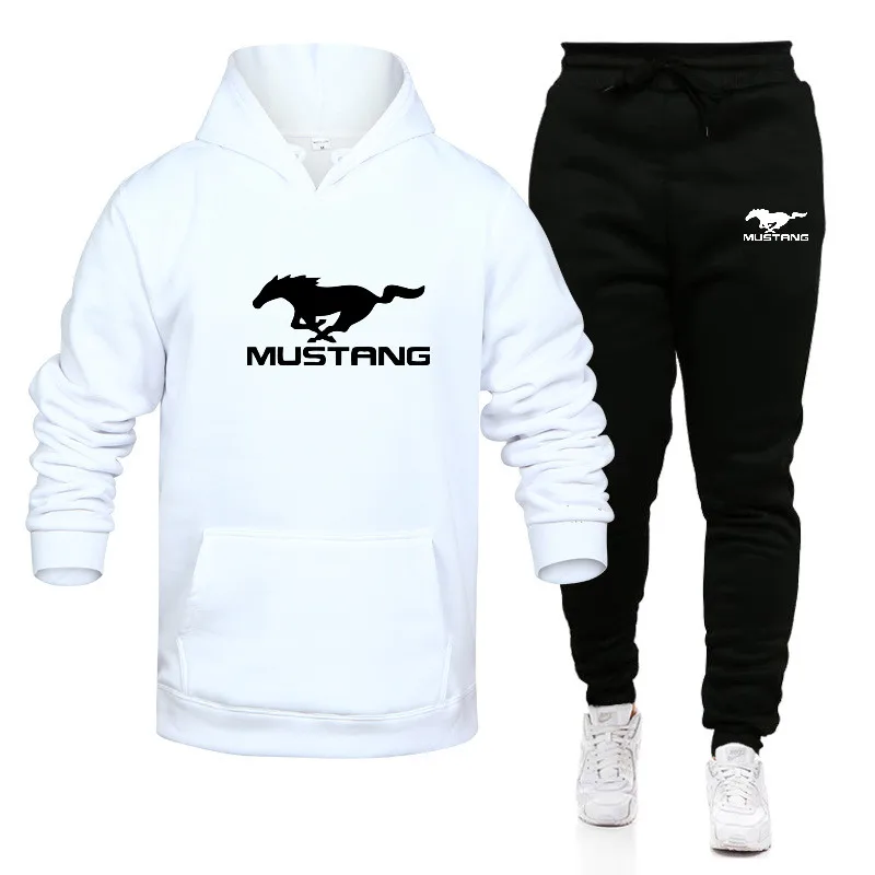 Men\'s Mustang Print Harajuku Fleece Clothing Hoodies+Pants 2-piece Fashion Sports Shirt Women\'s Casual Pullover Sportswear Set