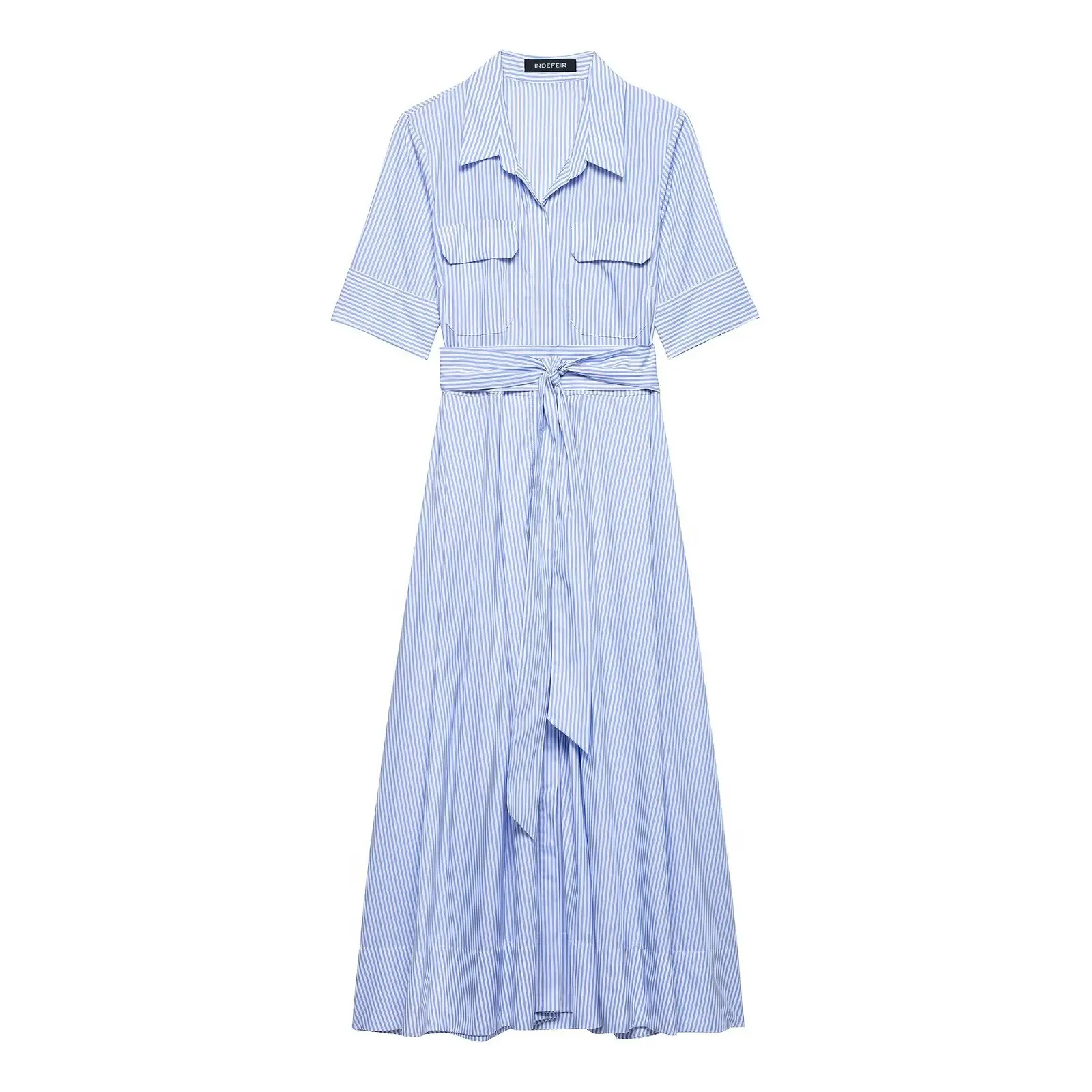 แฟชั่นลายElegantผู้หญิงเสื้อชุด 2025 ฤดูร้อนใหม่แขนสั้นA-Line Office LadyชุดยาวSash