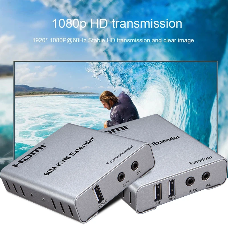 USB KVM HDMI Extender Over CAT5E/6 RJ45 60M 1080p 60Hz HDMI Transmitter Receiver Converter With IR Control PC To TV Monitor view 6