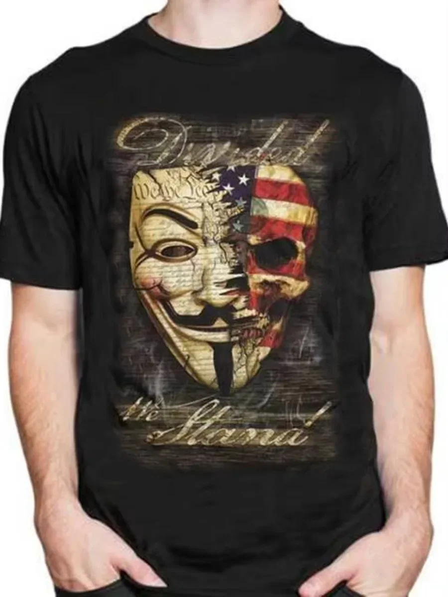 We Stand. Divided Anonymous Mask & American Flag Skull T-Shirt. Premium Cotton Short Sleeve O-Neck Mens T Shirt New S-3XL