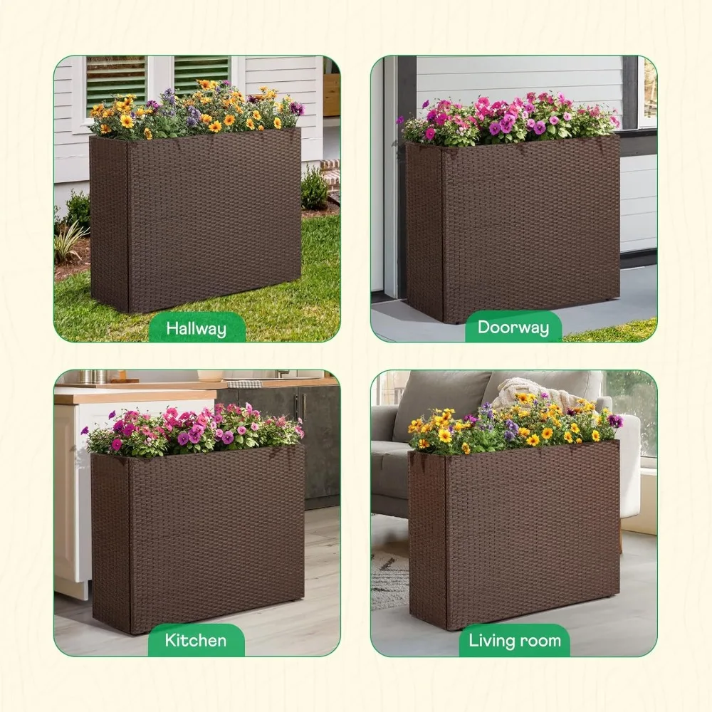 سرير حديقة مرتفع لزراعة الخوص في جميع الأحوال الجوية، وعاء زهور الروطان ذاتي السقي بطول 24 بوصة للاستخدام الداخلي والخارجي #6