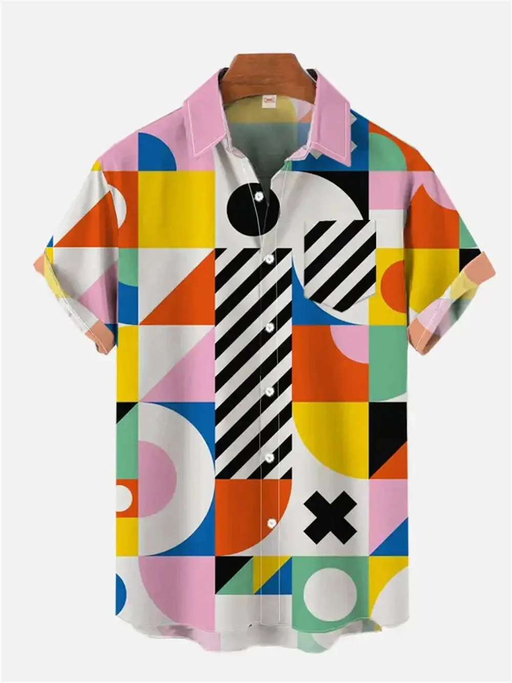 Summer 2024 Hawaiian Shirt 3D Printing Modern Colorful Geometric Color Block Short Sleeve Shirt Loose Top Men\'s Clothing