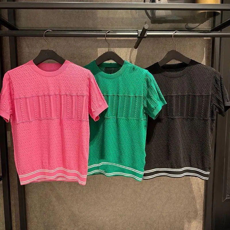 Women Hollow Out Knit Short Sleeve Golf Shirt 2026 New Ice Feeling Thin Breathable Round Neck Sports Blouse