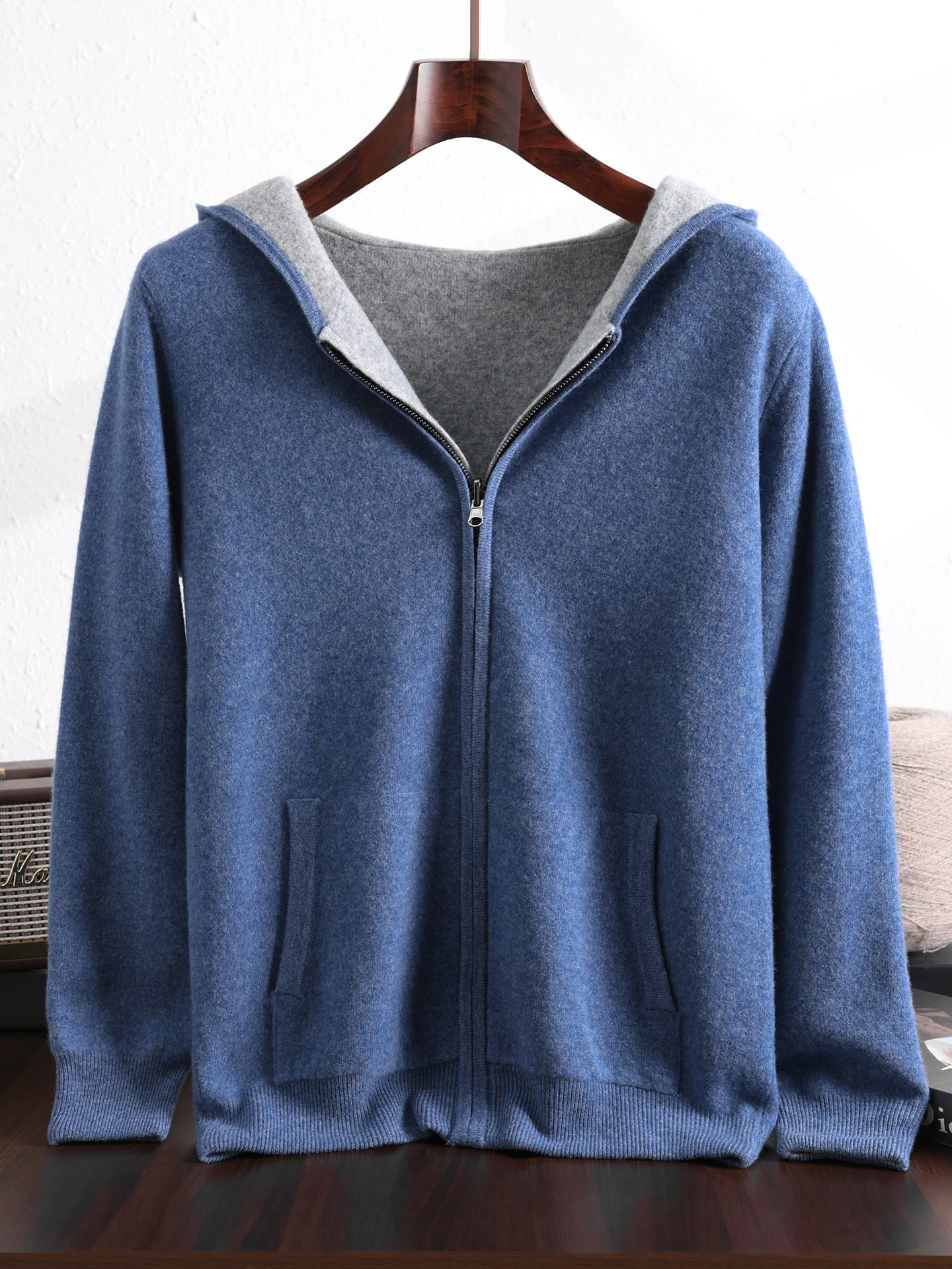 الذكية عادية 100% ميرينو الصوف الرجال سترة سميكة الخريف الشتاء الرجال محبوك مقنعين سترة الوجهين طويلة الأكمام الملابس القمم #3