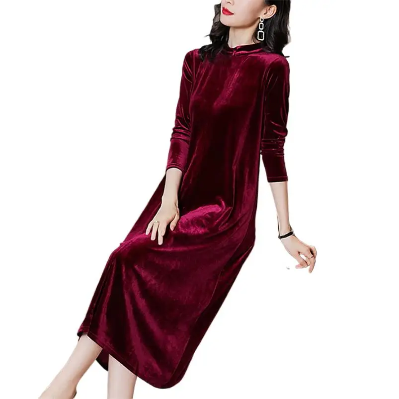 

Velvet Stand Collar Long Dress Women Autumn Solid Elegant Chic Maxi Dresses Vintage A-Line Office Work Dress Party Vestidos Robe