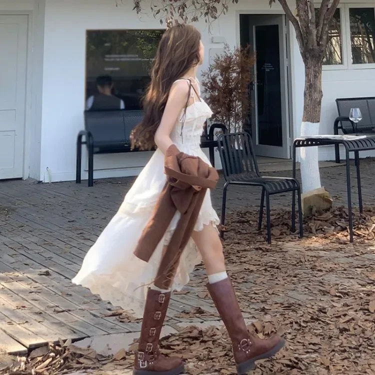 

Элегантные милые платья с высокой талией и рюшами на белых бретелях + Y2k E-Girl, облегающее пальто с длинными рукавами, женские весенние новые комплекты из двух предметов