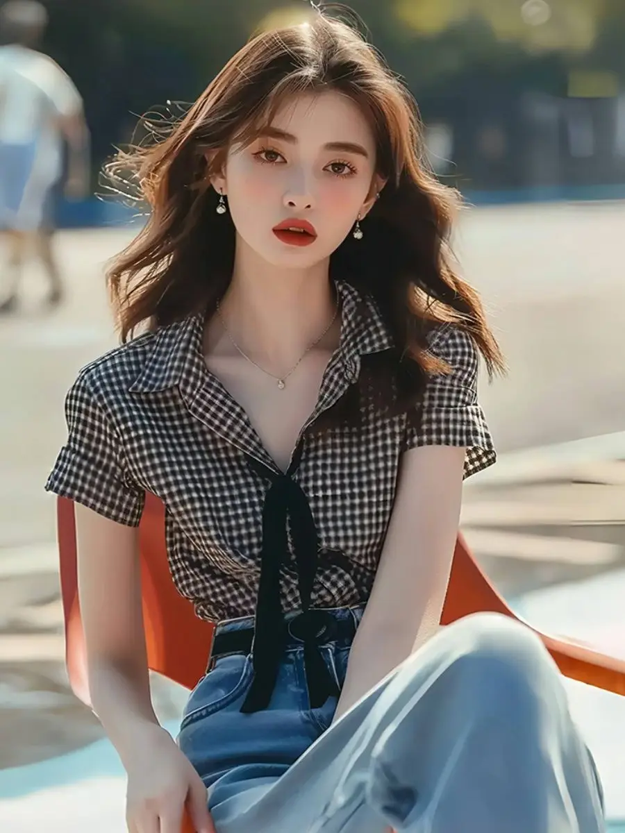 

French Gingham Ribbon-Tie Collar Short Sleeve Blouse Women's Summer Chic Top