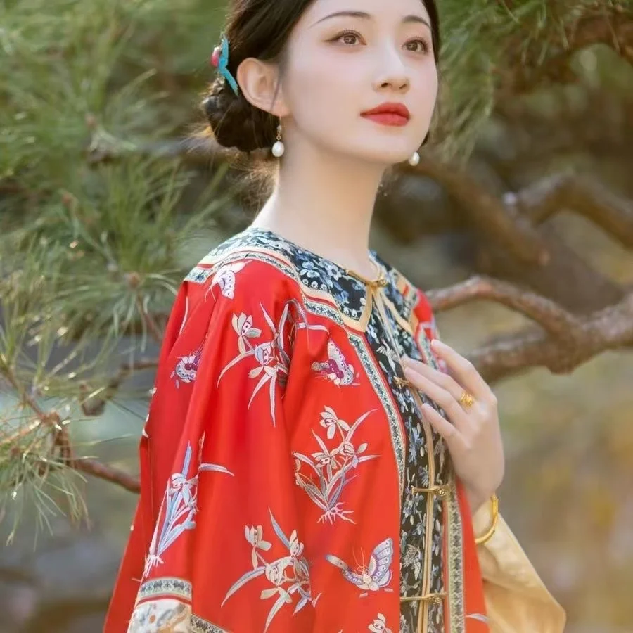 Traditional Qing Dynasty GEGE Hanfu Women's Floral Printing Top Shirt Niche Vintage Daughter Of Emperor Cosplay Costume Girls