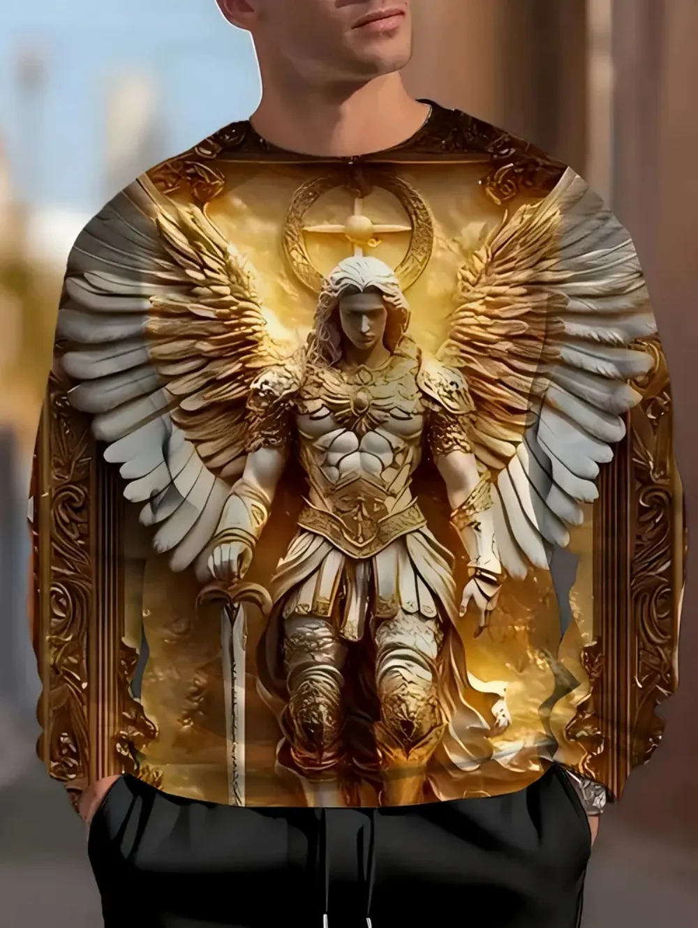 Men's T-Shirt Angel Michael Graphic Men Long Sleeve Tee Golden Sword Design 3D Print T Shirts for Man Loose Unisex Tee Clothing