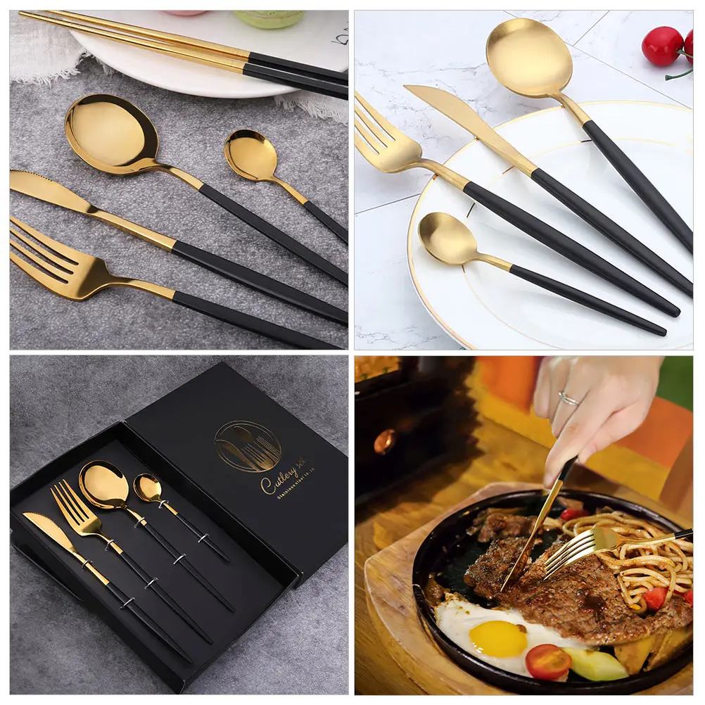 

Black Gold Cutlery Set Stainless Steel Knife Fork Spoon Mirror Polished Healthy Material Household Tableware Kitchen Supply