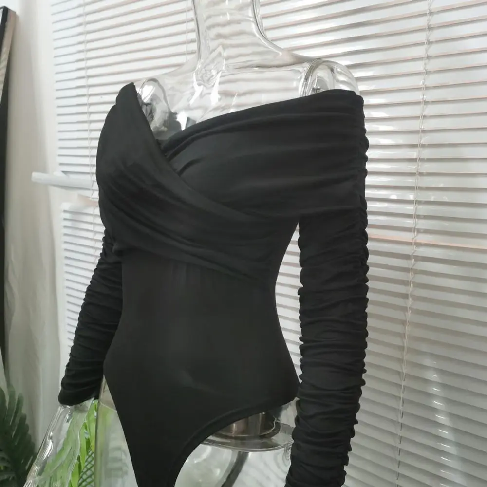 Elegant Women Off Shoulder Bodysuit Long Sleeve Ruched Slim Fit Jumpsuit High Waist Elastic Spring Sexy Party Club Apparel