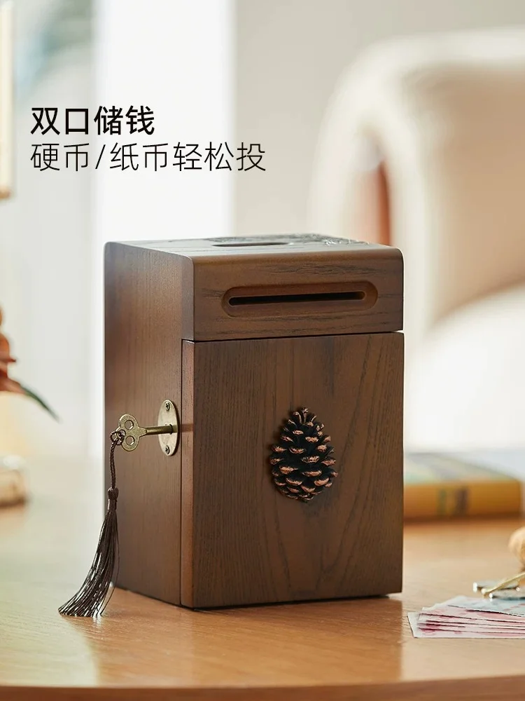 Household solid wood piggy bank, not recommended, locked piggy bank, large, creative birthday gift.