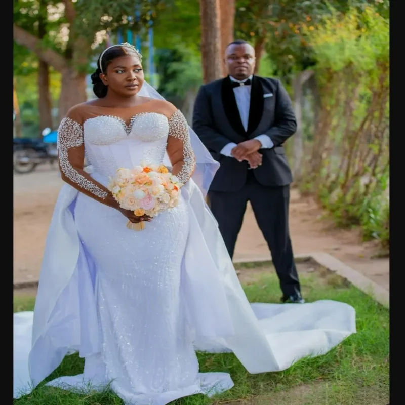 

Свадебное платье ручной работы с круглым вырезом и жемчугом Robe De Mariée, свадебное платье в стиле кантри с длинными рукавами и съемным шлейфом, 2025 г.