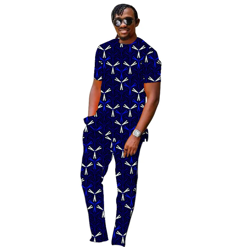 

Tailor Made Men's Short Sleeve Tops+Colorful Print Trousers African Garment Male Pant Suits Custom Dance Party Wear