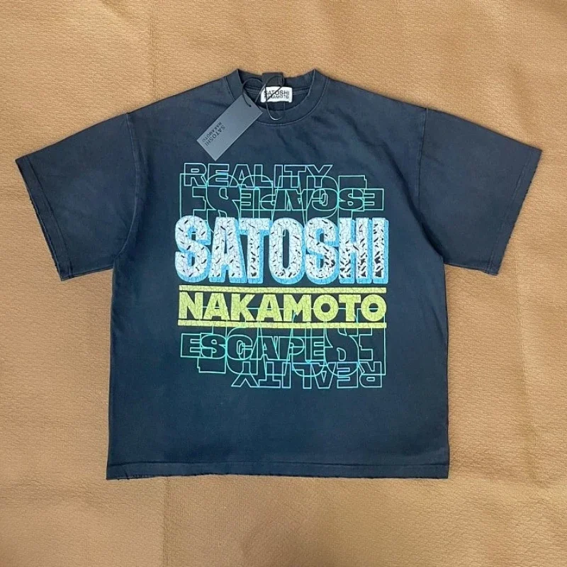 Satoshi Layer stacking Letter Printing Short Sleeve Cotton T-shirt Men Women Washing Casual Round Neck Tee