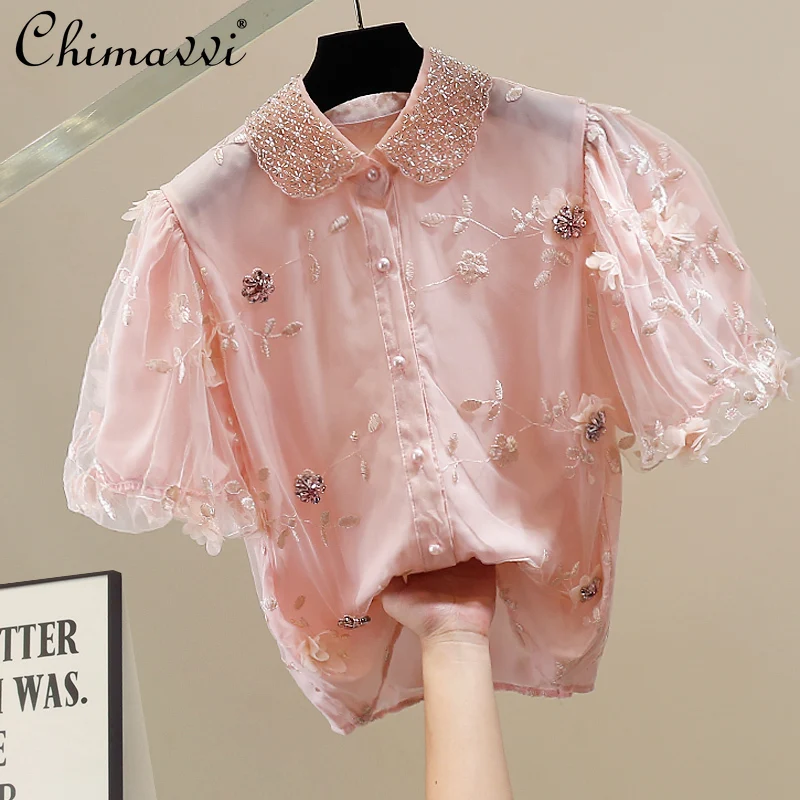 

Fashion Heavy Bead Diamond Lapel Bubble Sleeve Embroidered Shirt Summer New Sweet Girl Slim Temperament Blouse Women Top